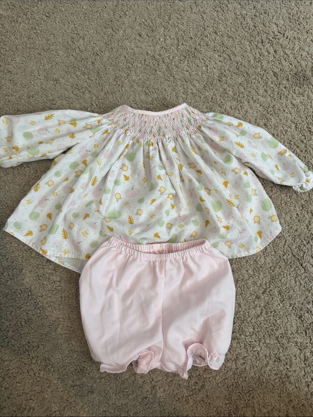 Lullaby set Baby Girl Two-Piece Smocked Top and Bloomers - Pastel Pumpkin Print